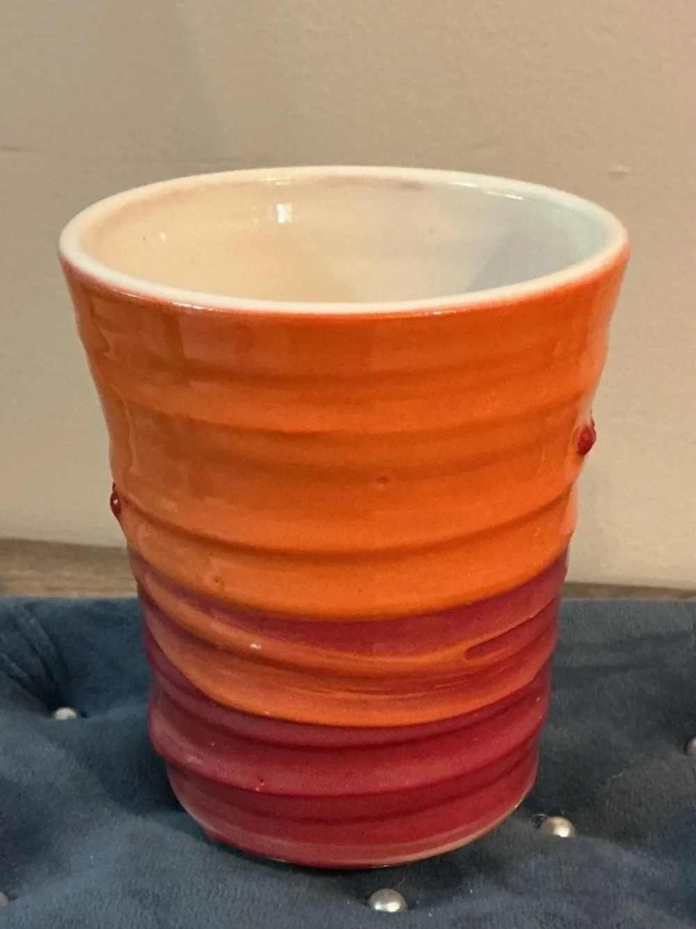 Hand Thrown Orange Red Glazed Pottery Vessel Cup Mug 4.5x3.75 NEW